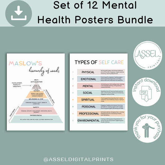 12 Therapist Office Decor School Counselor Posters Social Worker school counselor office decor Counseling Bundle Mental Health poster bundle