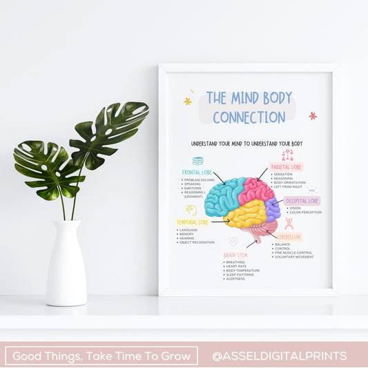 Affiche de connexion esprit-corps, décoration de bureau de thérapie, parties du cerveau, cerveau humain, impression d'anatomie du cerveau, gestion du stress, EMDR, CBT, vol de combat
