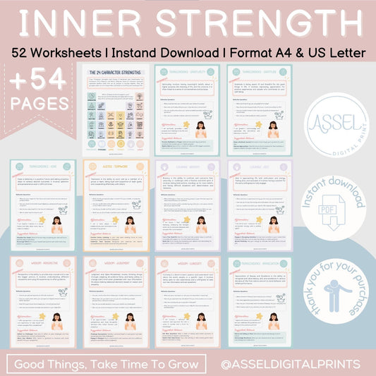 54 feuilles de travail sur la force intérieure, les forces de la thérapie axée sur les solutions, les forces et les vertus du caractère, la santé mentale des adolescents, la croissance de la résilience, la dbt