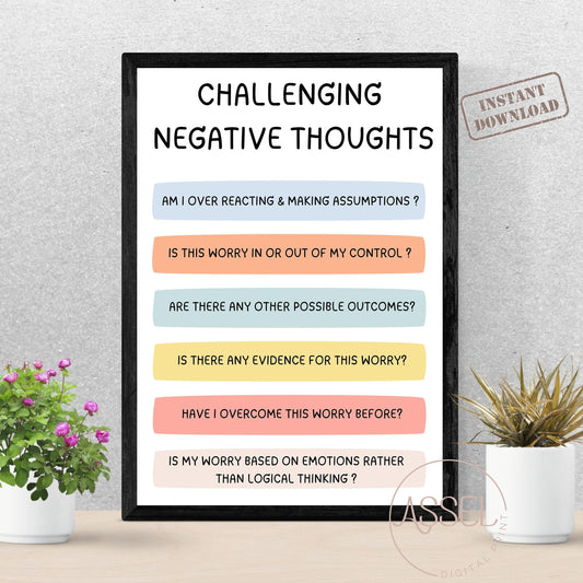 Affiche de lutte contre les pensées négatives, thérapie cognitivo-comportementale TCC, impression de santé mentale, décor de bureau de conseiller scolaire, soulagement de l'anxiété,