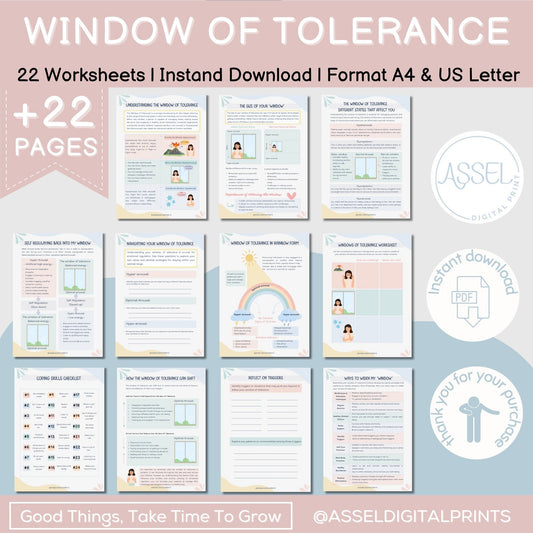 22 feuilles de travail sur la fenêtre de tolérance, traumatologie, apprentissage socio-émotionnel, zones de régulation, capacités d'adaptation, régulation émotionnelle,