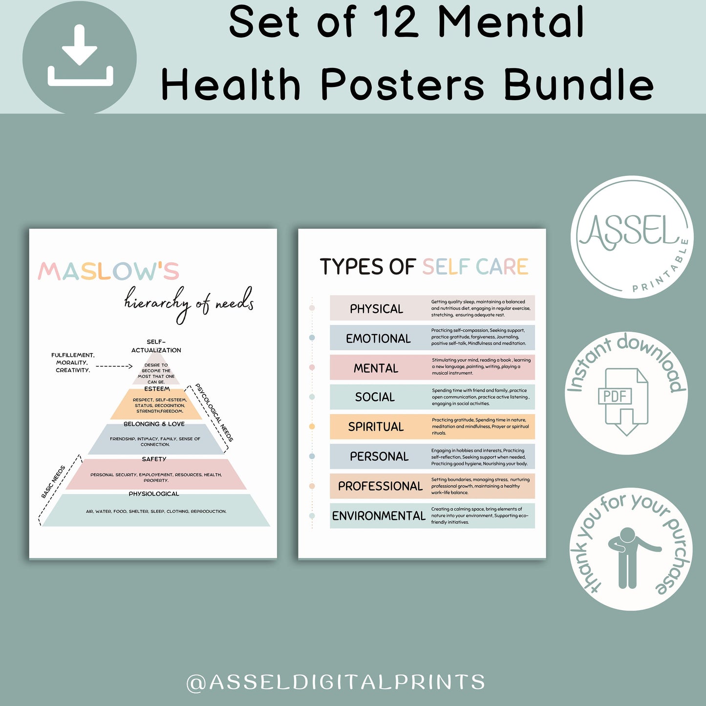 12 Therapist Office Decor School Counselor Posters Social Worker school counselor office decor Counseling Bundle Mental Health poster bundle