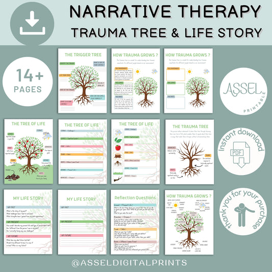14 Feuille de travail sur l'histoire de la vie en thérapie narrative, feuilles de travail sur l'Arbre de vie, feuilles de travail sur la traumatologie, feuille de travail sur l'anxiété, ressources psychologiques, EMDR
