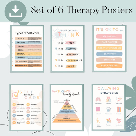 6 affiches thérapeutiques pour la décoration des bureaux de thérapie et les conseillers psychologiques.