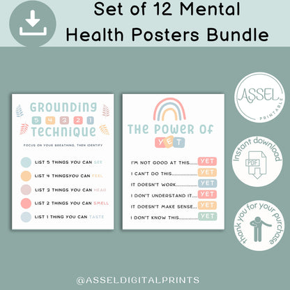 12 Therapist Office Decor School Counselor Posters Social Worker school counselor office decor Counseling Bundle Mental Health poster bundle