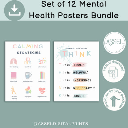 12 Therapist Office Decor School Counselor Posters Social Worker school counselor office decor Counseling Bundle Mental Health poster bundle