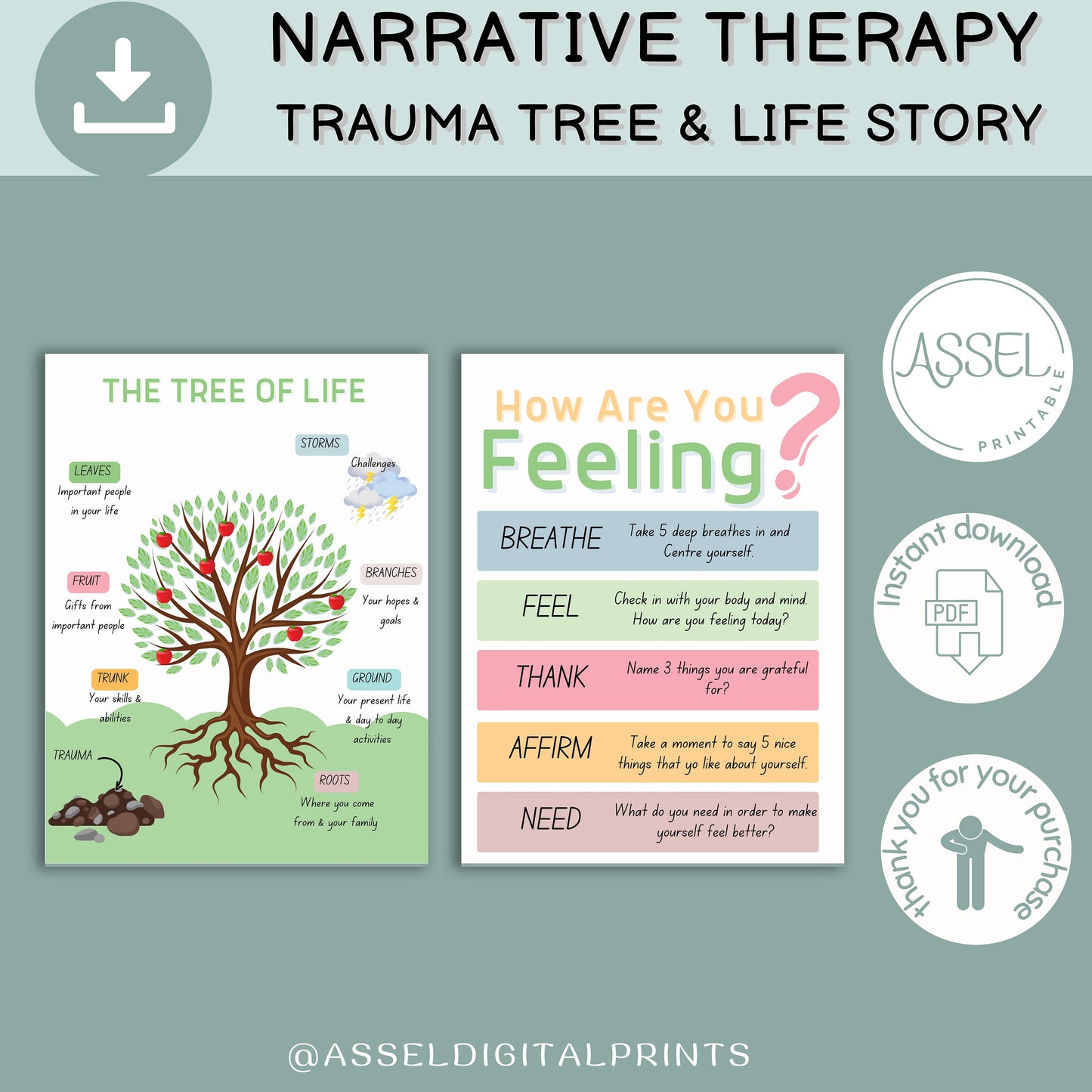 14 Feuille de travail sur l'histoire de la vie en thérapie narrative, feuilles de travail sur l'Arbre de vie, feuilles de travail sur la traumatologie, feuille de travail sur l'anxiété, ressources psychologiques, EMDR