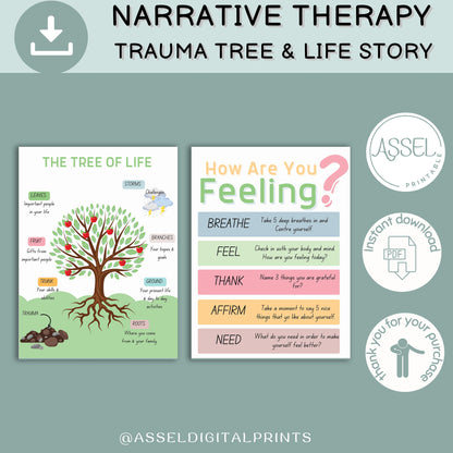 14 Feuille de travail sur l'histoire de la vie en thérapie narrative, feuilles de travail sur l'Arbre de vie, feuilles de travail sur la traumatologie, feuille de travail sur l'anxiété, ressources psychologiques, EMDR