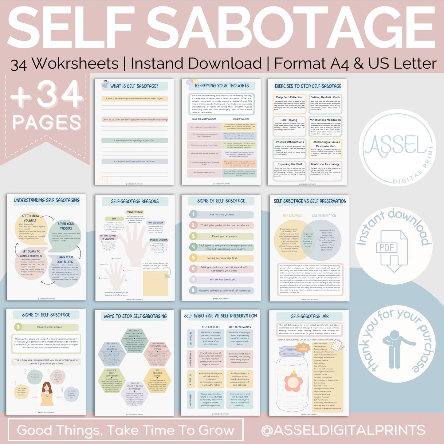 182 Lot sur l'estime de soi, cahier d'exercices sur l'estime de soi, feuille d'exercices sur l'auto-sabotage, critique intérieure, hygiène du sommeil, fixation d'objectifs, cahier d'exercices sur les forces intérieures