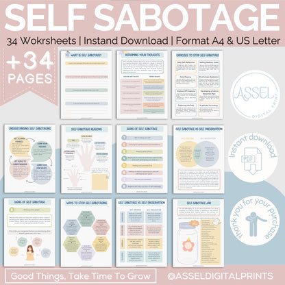 182 Lot sur l'estime de soi, cahier d'exercices sur l'estime de soi, feuille d'exercices sur l'auto-sabotage, critique intérieure, hygiène du sommeil, fixation d'objectifs, cahier d'exercices sur les forces intérieures