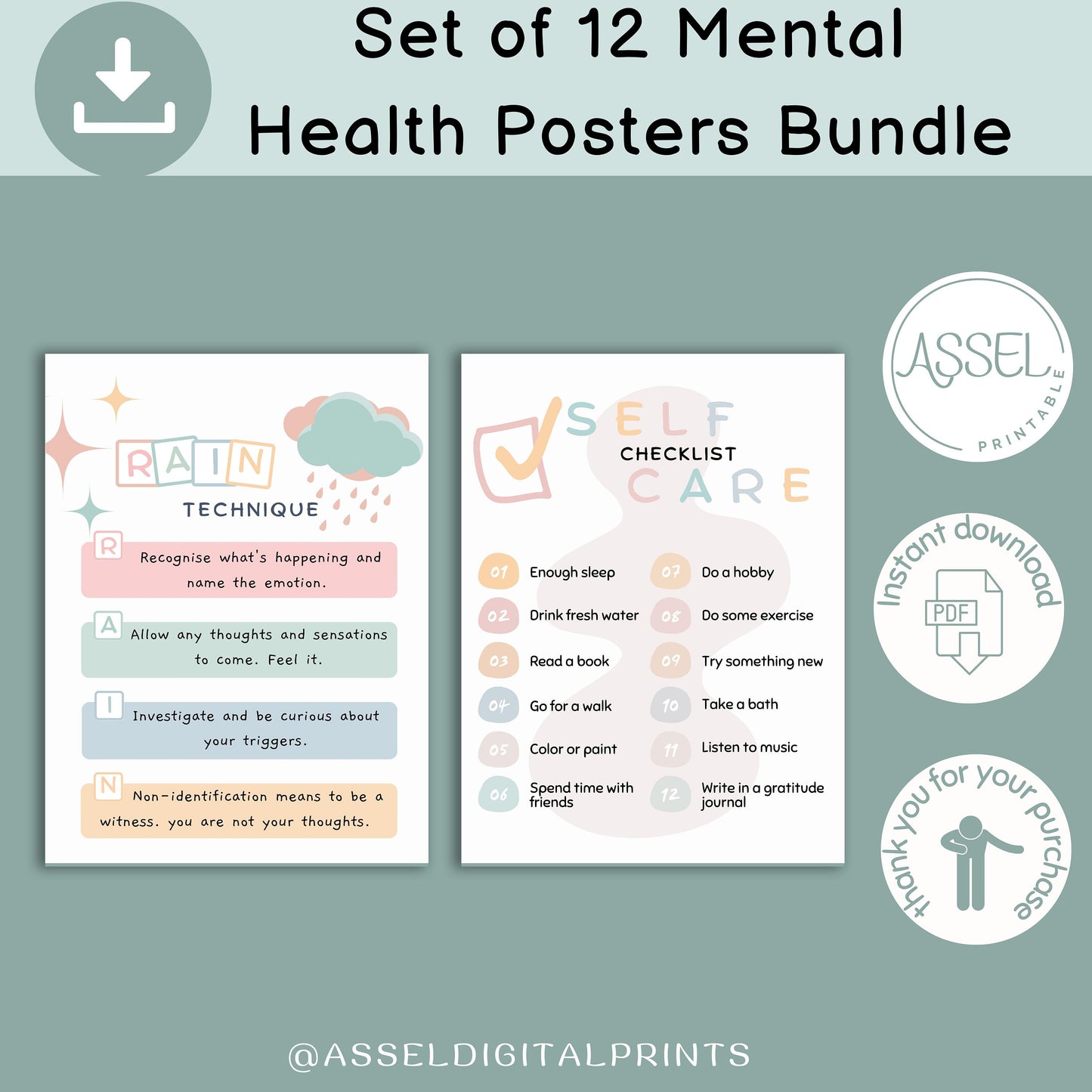 12 Therapist Office Decor School Counselor Posters Social Worker school counselor office decor Counseling Bundle Mental Health poster bundle