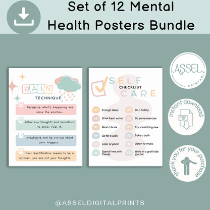 12 Therapist Office Decor School Counselor Posters Social Worker school counselor office decor Counseling Bundle Mental Health poster bundle