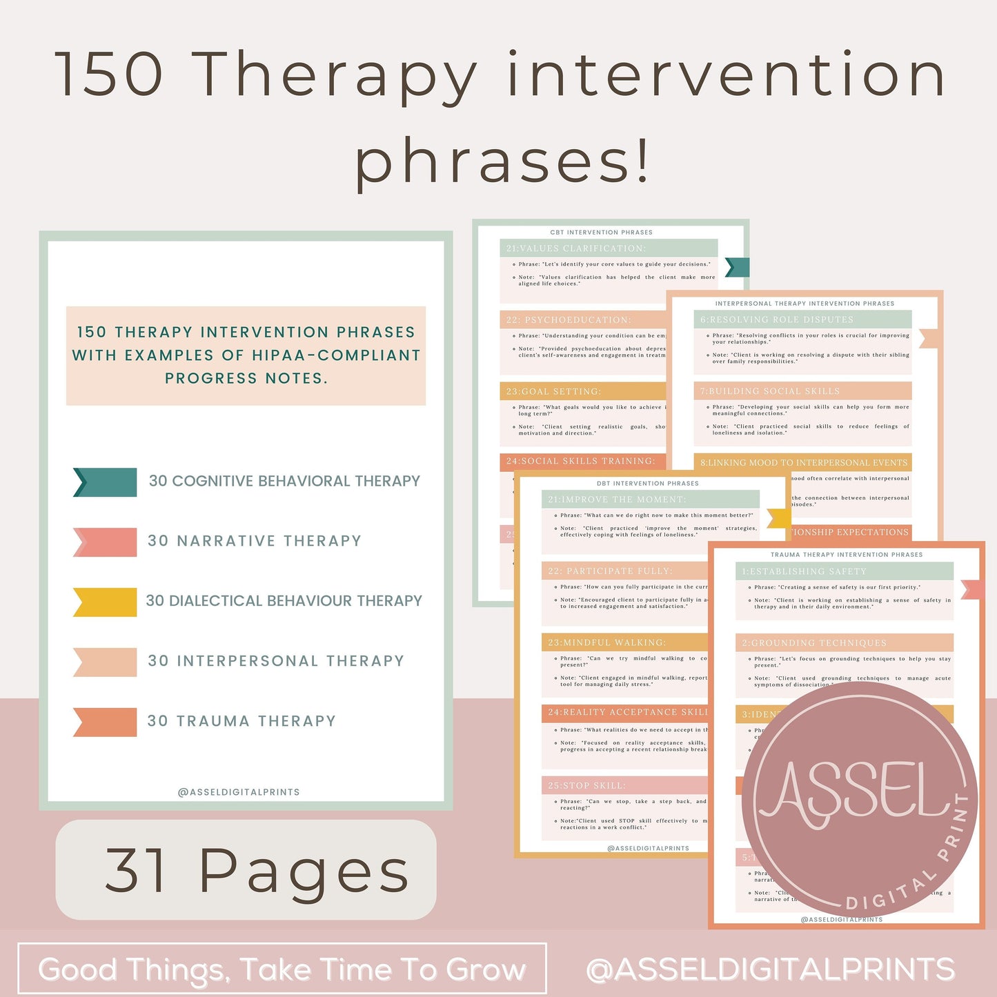 150 phrases d'intervention thérapeutique, note de progression conforme à la loi HIPAA, interventions thérapeutiques, liste des interventions thérapeutiques, aide-mémoire pour thérapeutes