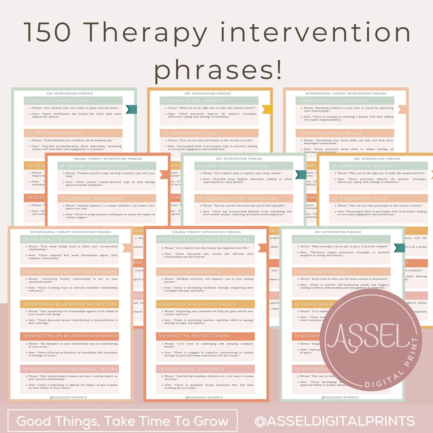 150 phrases d'intervention thérapeutique, note de progression conforme à la loi HIPAA, interventions thérapeutiques, liste des interventions thérapeutiques, aide-mémoire pour thérapeutes