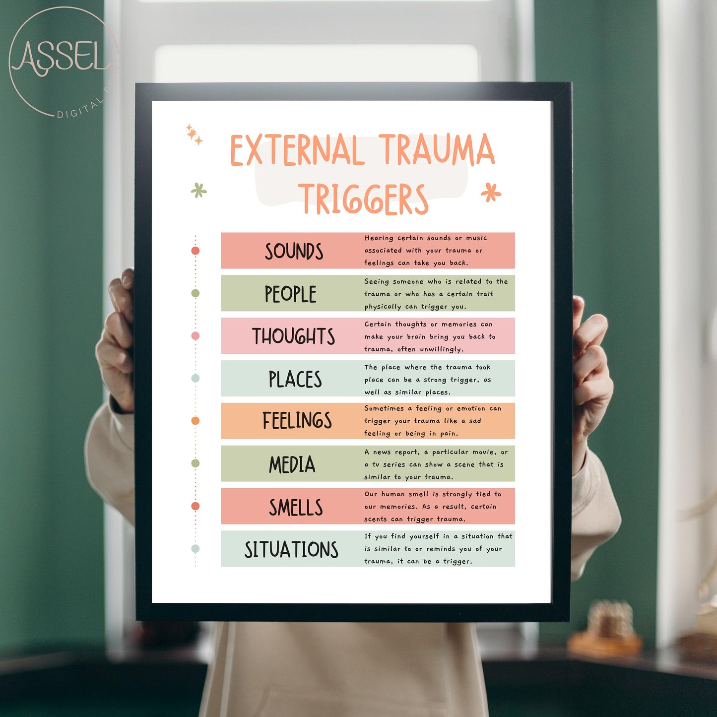 affiche de déclencheurs de traumatisme, décoration de bureau de thérapie, art mural de thérapeute, cadeau de psychologue, ressources de thérapie, EMDR, affiche de DBT, cbt, anxiété, TSPT