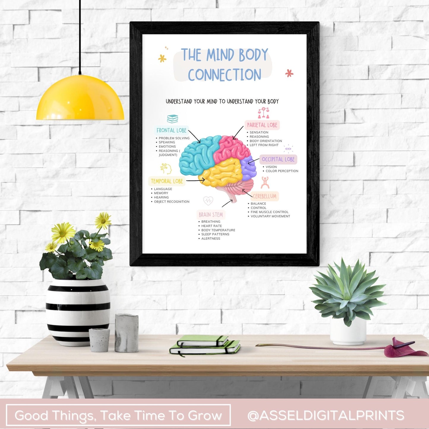 Affiche de connexion esprit-corps, décoration de bureau de thérapie, parties du cerveau, cerveau humain, impression d'anatomie du cerveau, gestion du stress, EMDR, CBT, vol de combat