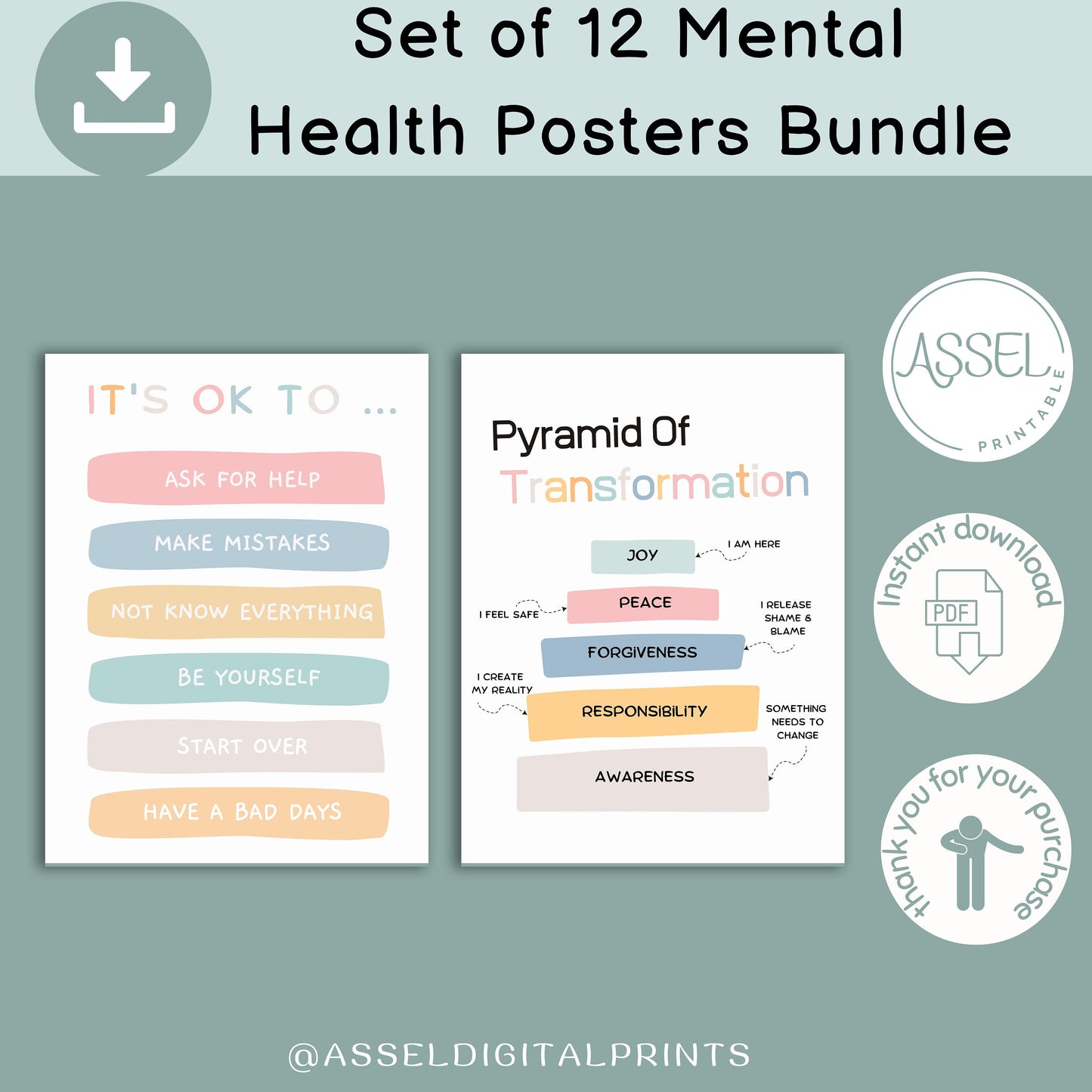 12 Therapist Office Decor School Counselor Posters Social Worker school counselor office decor Counseling Bundle Mental Health poster bundle