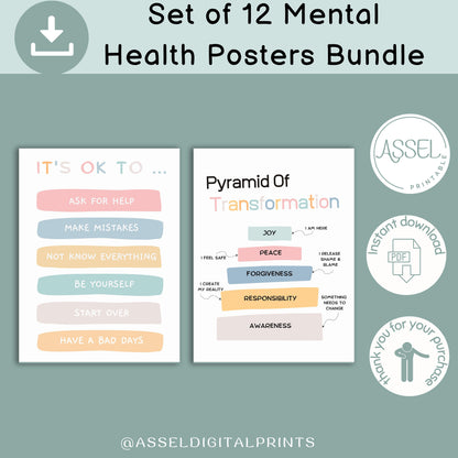 12 Therapist Office Decor School Counselor Posters Social Worker school counselor office decor Counseling Bundle Mental Health poster bundle