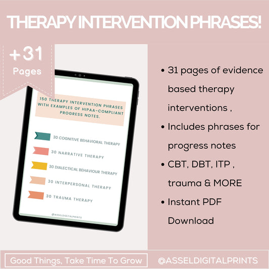 150 phrases d'intervention thérapeutique, note de progression conforme à la loi HIPAA, interventions thérapeutiques, liste des interventions thérapeutiques, aide-mémoire pour thérapeutes