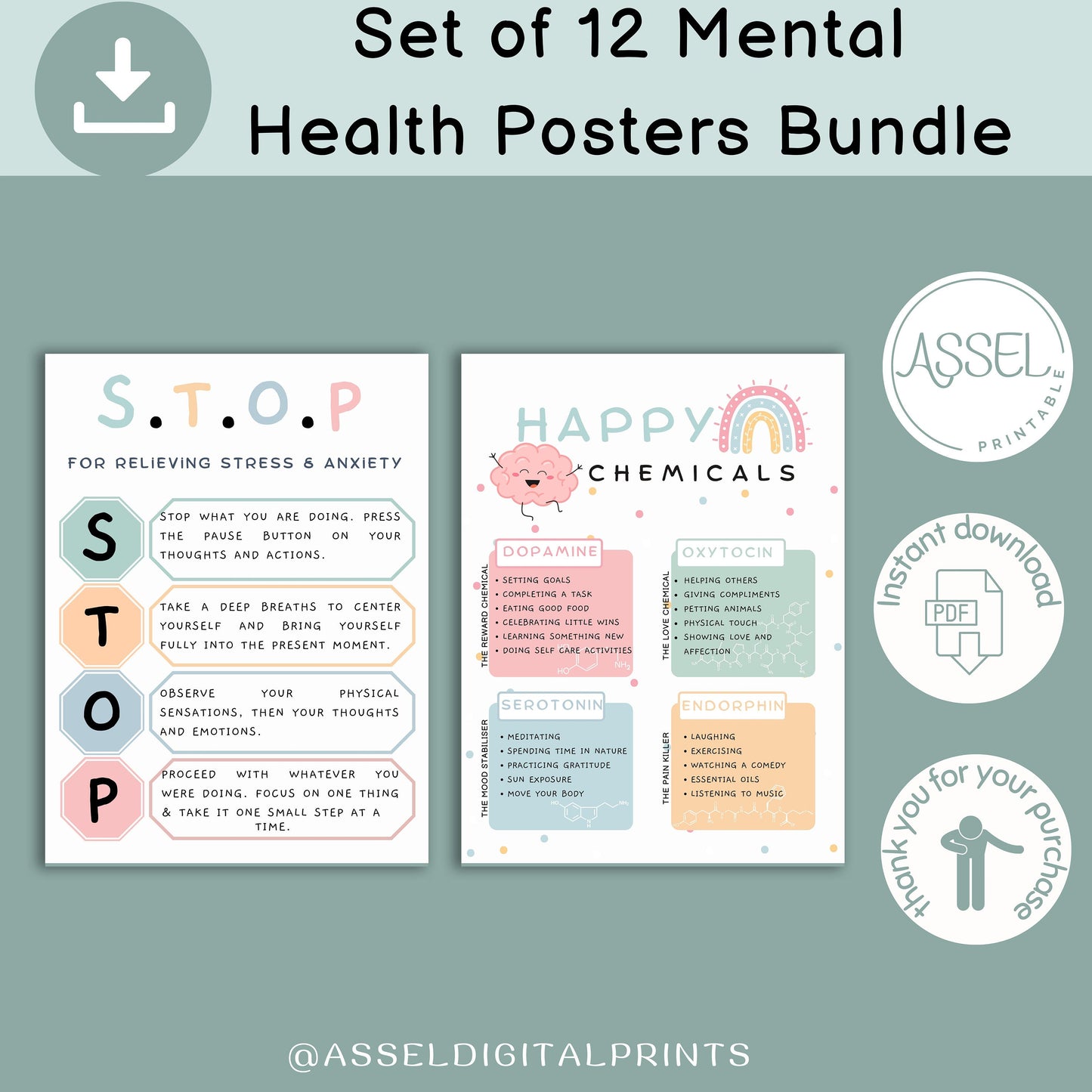 12 Therapist Office Decor School Counselor Posters Social Worker school counselor office decor Counseling Bundle Mental Health poster bundle