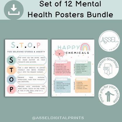 12 Therapist Office Decor School Counselor Posters Social Worker school counselor office decor Counseling Bundle Mental Health poster bundle