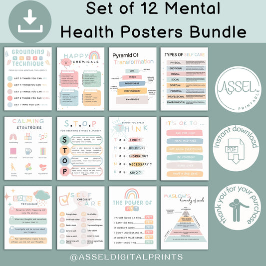12 Therapist Office Decor School Counselor Posters Social Worker school counselor office decor Counseling Bundle Mental Health poster bundle