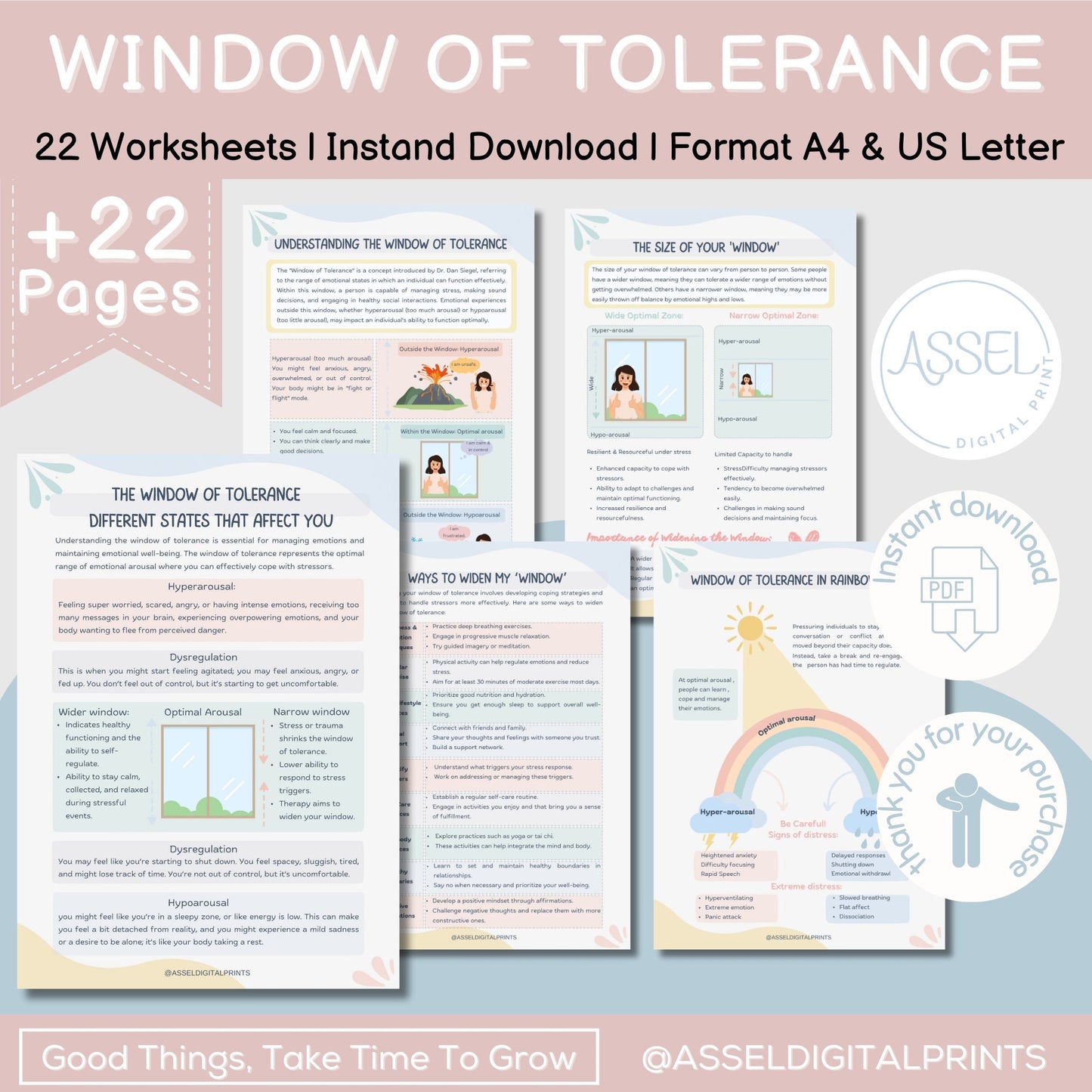 22 feuilles de travail sur la fenêtre de tolérance, traumatologie, apprentissage socio-émotionnel, zones de régulation, capacités d'adaptation, régulation émotionnelle,
