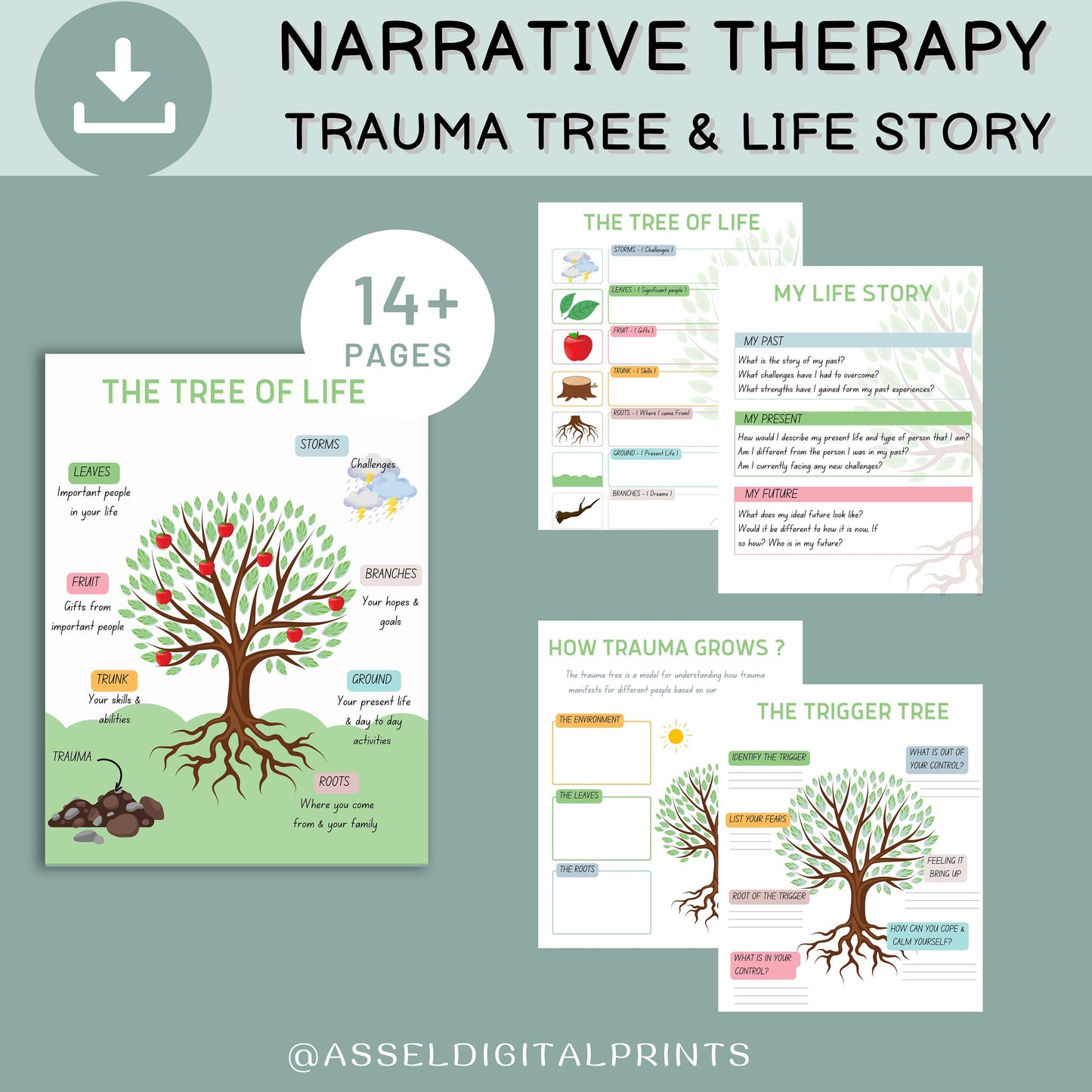 14 Feuille de travail sur l'histoire de la vie en thérapie narrative, feuilles de travail sur l'Arbre de vie, feuilles de travail sur la traumatologie, feuille de travail sur l'anxiété, ressources psychologiques, EMDR